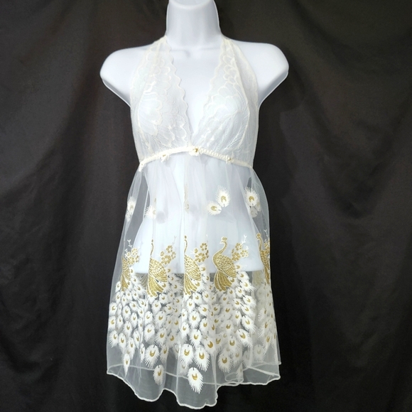 Other - Gold White Peacock Babydoll Nightie Size XL Lace Sheer Sexy Coquette Nightgown